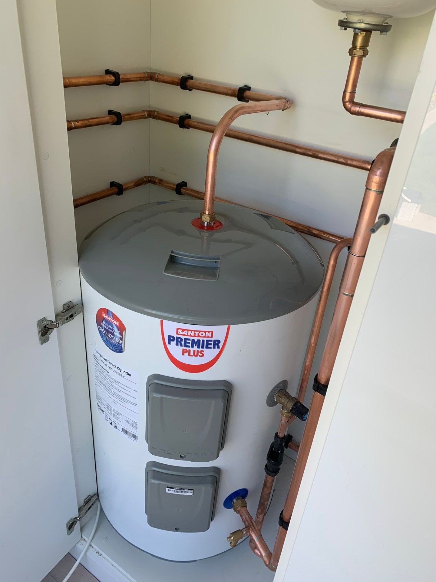 Santon Premier Plus unvented hot water cylinder installation with G3 discharge pipework, Ashford