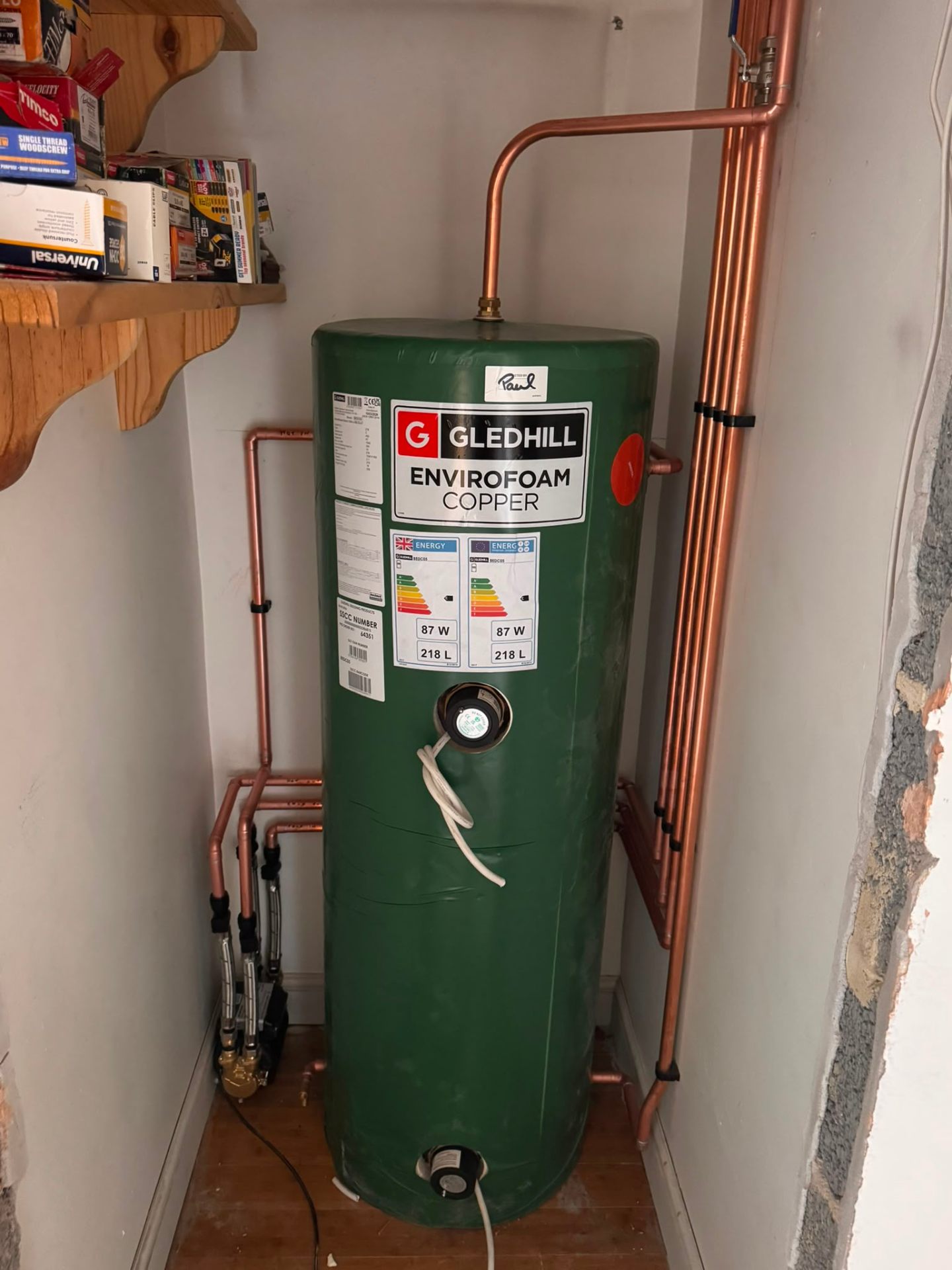 Gledhill Envirofoam unvented cylinder installation with tidy copper pipework, Surrey