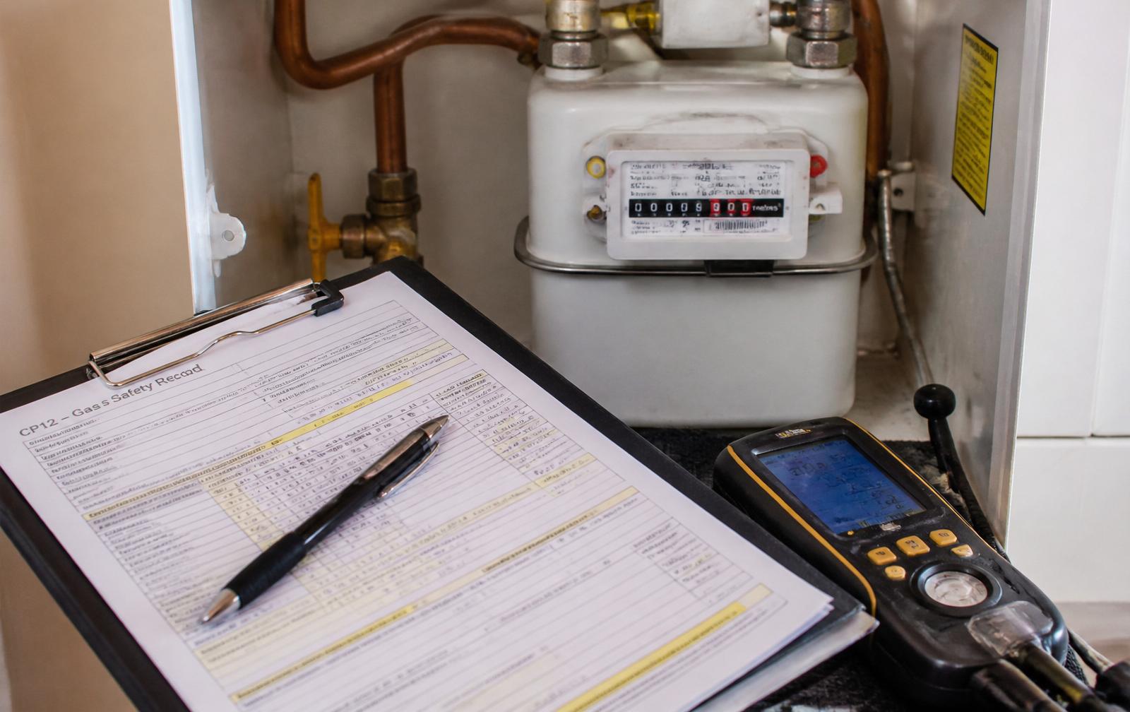 CP12 Gas Safety Record clipboard, domestic gas meter and combustion analyser; Landlord Gas Safety Certificates by Heat Solution London
